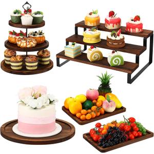 Teenyyou 5 Pcs Wooden Cupcake Stand Set 3 Tiered Display Shelf Round Rotatable Cupcake Stand Cake Tower Wood Rectangle Cake Tray for Dessert Table, Festivals, Wedding Party (Dark Color)