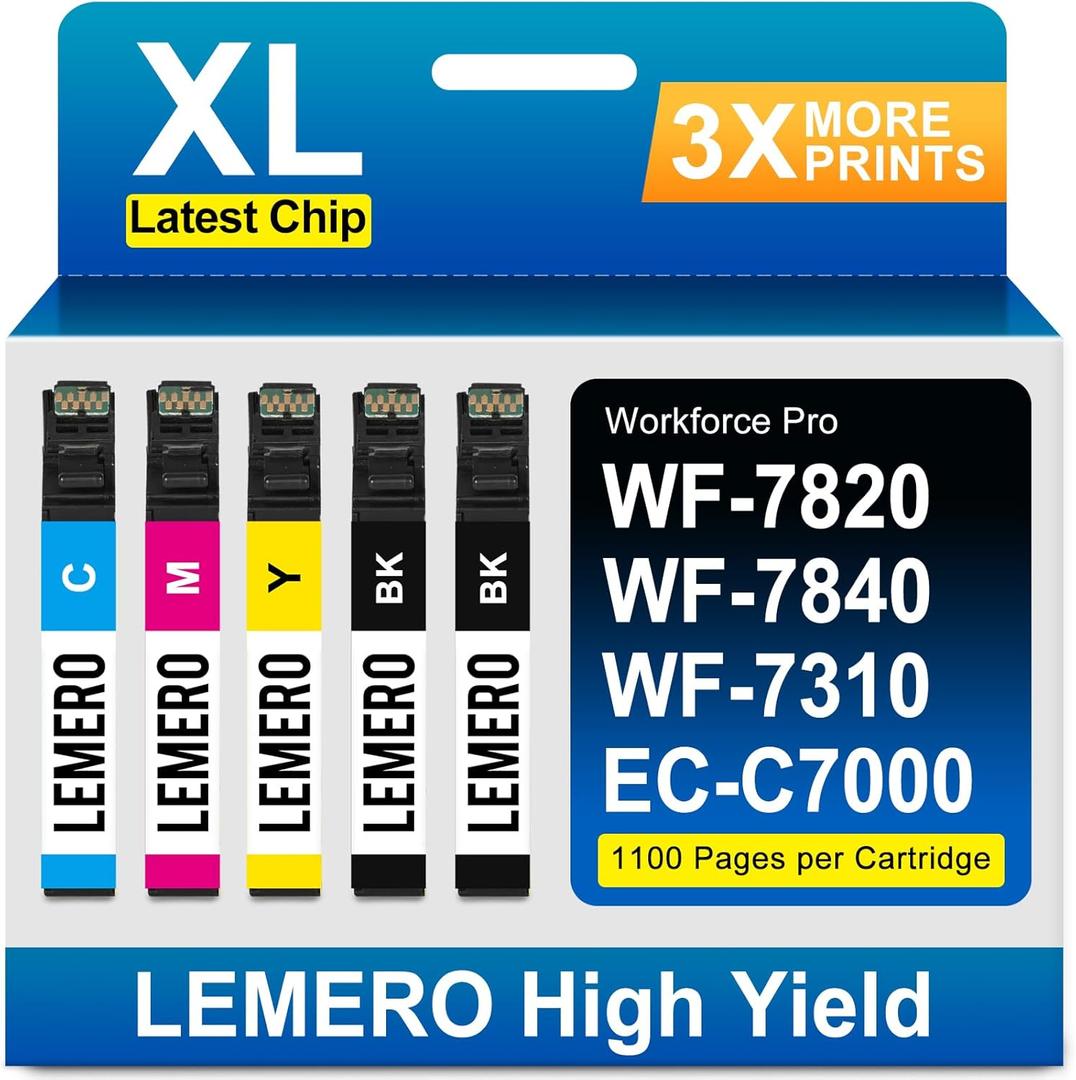 LEMERO Remanufactured Replacement for Epson 812XL Ink Cartridges Combo Pack Replacement for 812 Ink Cartridge High Yield for Workforce Pro WF-7840 WF-7820 WF-7310 EC-C7000 Printer Latest Chip (5 Pack)