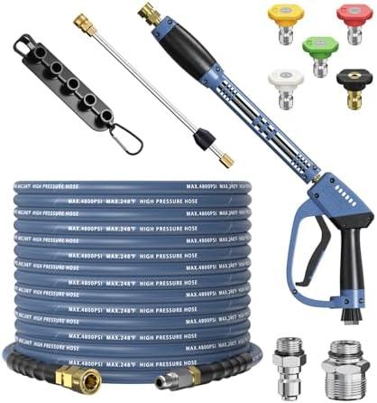 HiPrewaPro Pressure Washer Gun and Hose Kit, 4800PSI Steel-Braided & Durable - Flexible & Kink-Resistant Power Washer Hose 50 FT with 3/8" Swivel Quick Connector and M22 14mm Adapters Replacement
