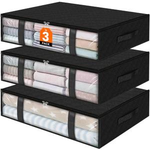 StorageRight Under Bed Storage Bins, 3-Pack 40L Foldable Fabric Storage Bags with Transparent Window, Breathable Organizer for Clothes/Blanket/Comforter/Quiltr, Black