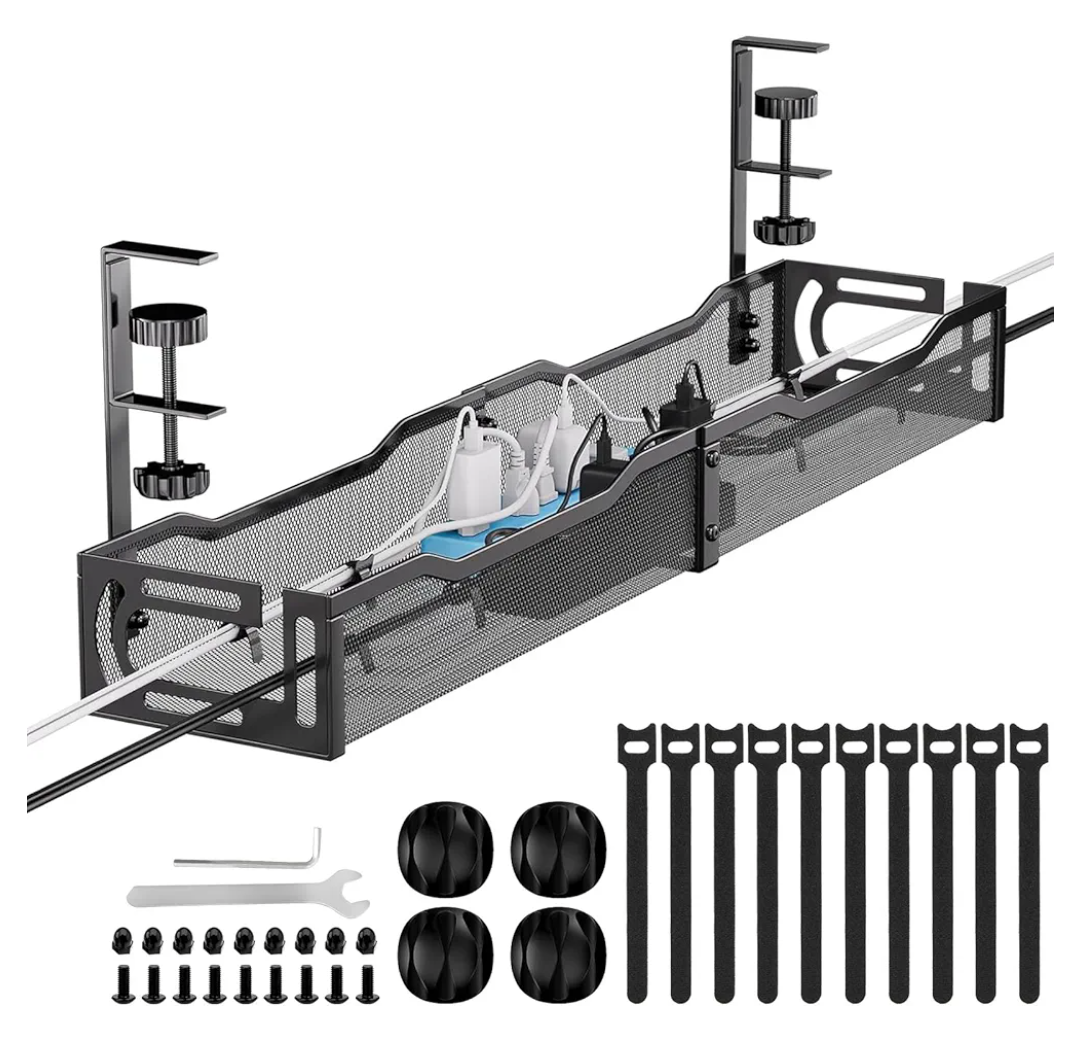 Mzmaxy Cable Management, 25'' Cable Management Under Desk No Drill, Metal Cord Organizer with Clamp for Standing Desk, Cable Organizer for Home Office, Black
