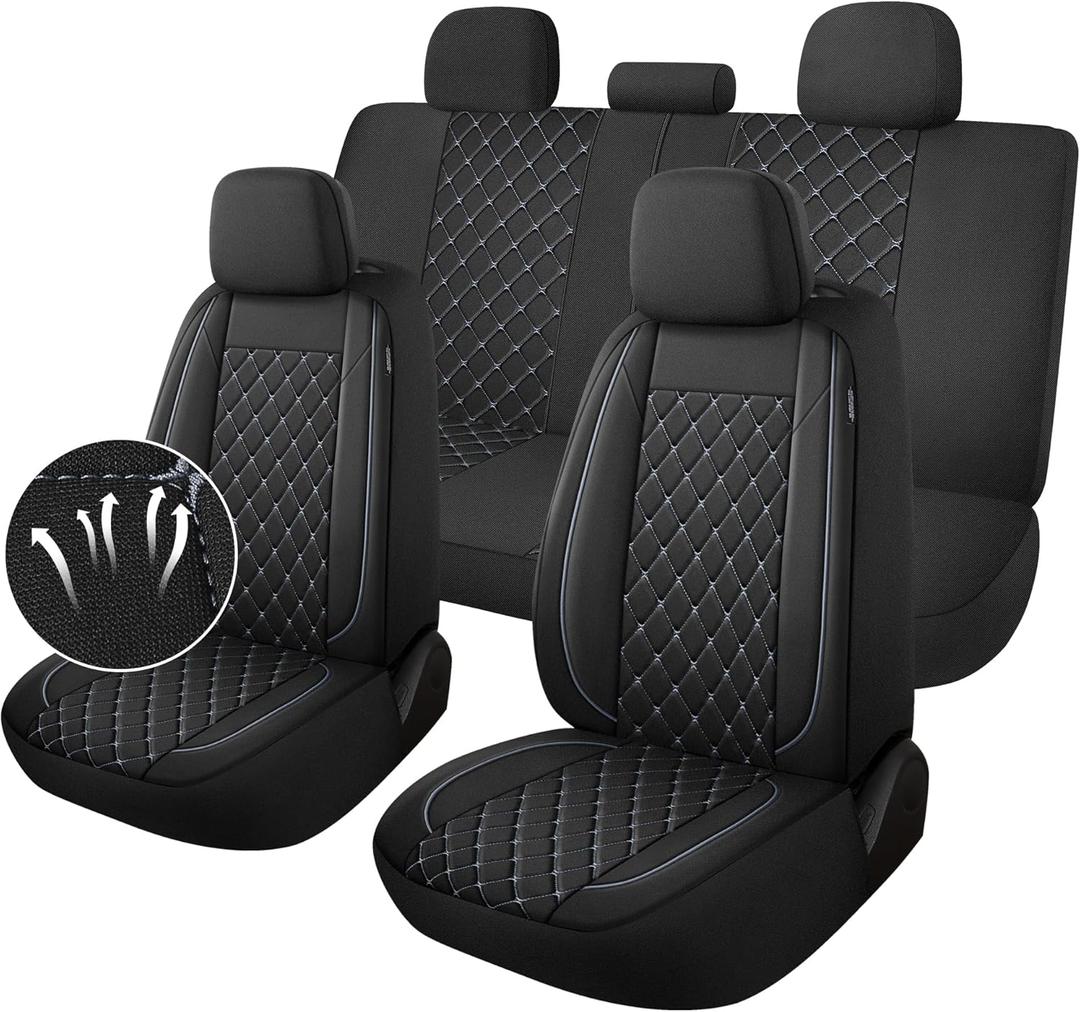 YGL Breathble Car Seat Covers Full Set,Washable Seat Covers for Cars,Premium Cloth Car Seat Protectors,Interior Covers for Cars,Sedan Van Truck SUV(Black/Gray)