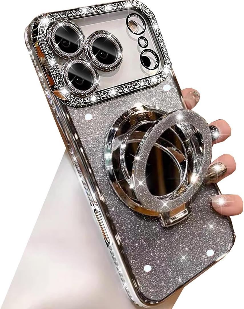 Changjia Magnetic Kickstand Glitter Case for iPhone 17 Pro Max,[Compatible with Magsafe] Cute Bling Sparkly Rhinestone with Camera Protector Makeup Mirror Women Girls Case for iPhone 17 Pro Max,Silver
