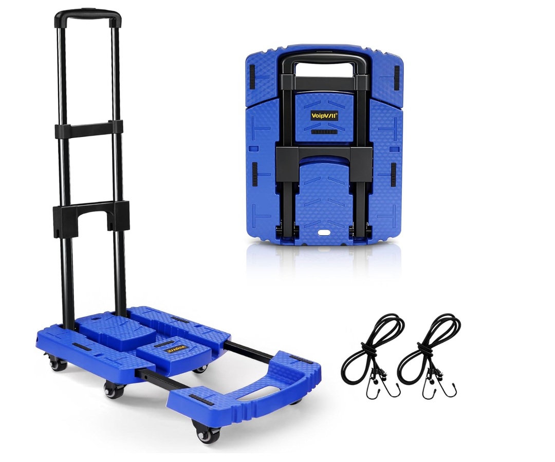 Voipvvii Folding Hand Truck 500lbs, Portable Heavy Duty Dolly Cart, 6 Wheels Collapsible Luggage Cart with 2 Elastic Ropes  Compact Trolley Cart for Easy Moving  Ideal Hand Cart for Travel and More