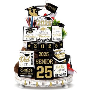22 Pcs 2025 Graduation Tiered Tray Signs Sets Farmhouse Wooden Class of 2025 Graduation Signs for Home Party Tiered Tray Table Office Desk(Black Gold)