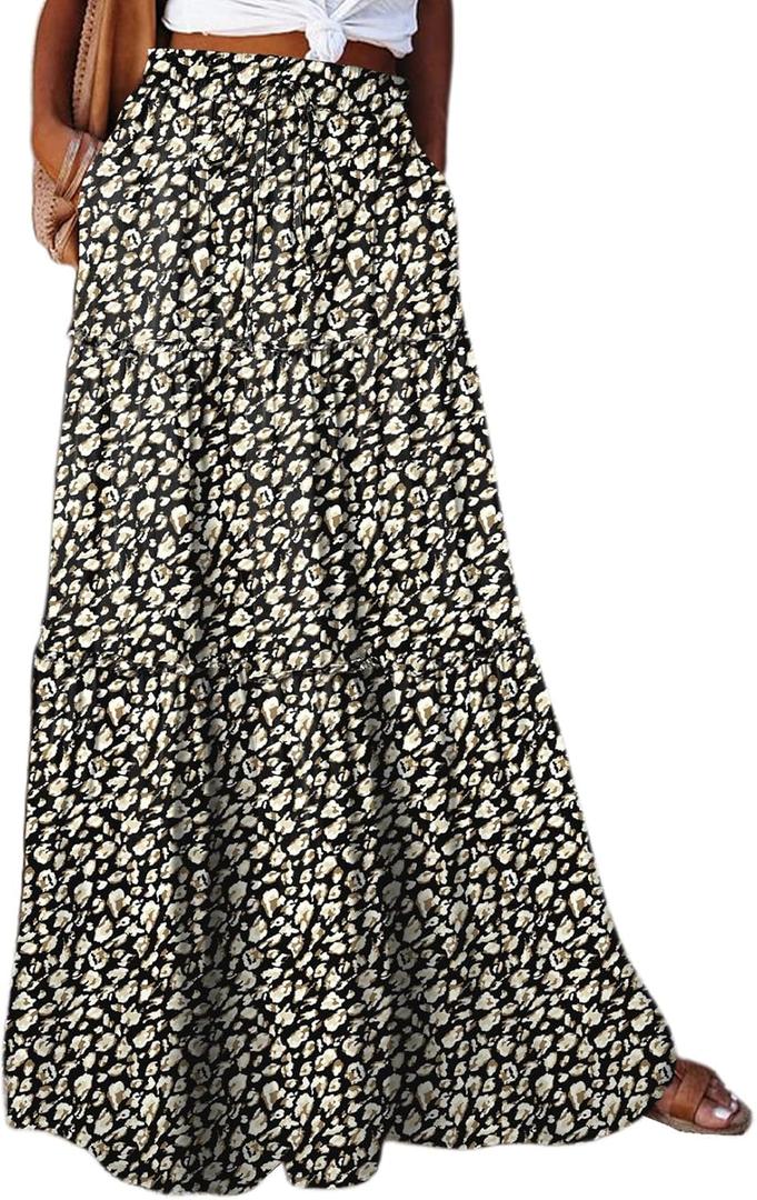 Happy Sailed Womens Floral Print Boho Maxi Skirt Elastic High Waist Pleated Ruffle Flowy Long Skirts S-XL (L)