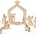 13 Pcs Wooden Nativity Scene Set Figures,Holy Family with Wooden Arched Stable and Figurines Including Baby Jesus, Mary, Joseph and More, Wood Religious Collections for Indoor Home Tabletop Decor