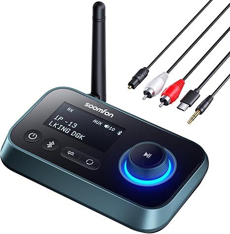 SOOMFON Bluetooth Transmitter for TV 3in1 Bluetooth 5.0 Transmitter Receiver for TV to 2 Headphones with LCD Display Adjustable Volume, Optical AUX RCA Bypass for Home Stereo Speaker