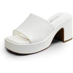 DREAM PAIRS High Chunky Platform Heels for Women Fashion Comfort Slip on Square Open Toe Block Heel Sandals, Size 8.5, White-PU, SDHS2410W 