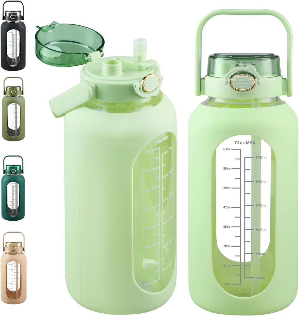 SIEROZUR 74 oz Glass Water Bolttles with Straw Large Motivational Water Bottle with Handle 2.2L Gallon Water Jug with Silicone Sleeve and Time Marker for Gym Workout (Light green)