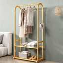 Gold Clothing Rack,Metal Garment Rack with Bottom Storage Shelves and 6 Side Hooks,modern Sturdy clothes racks for hanging clothes,Freestanding Wardrobe Rack for Bedroom or Boutique (L:31.5in)