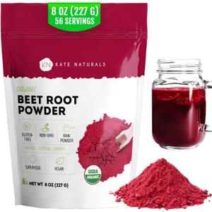 Kate Naturals Organic Beet Root Powder for Smoothies, Baking & Juice, 8oz
Non-GMO, Raw Beetroot Superfood Extract & Natural Red Food Coloring & Nitric Oxide, Earthy Flavor