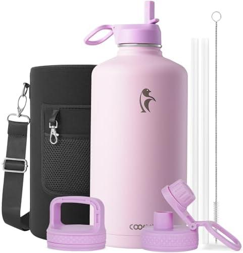 Coolflask 128 oz Gallon Water Bottle Insulated with Straw&3 Lids, Water Jug Large Stainless Steel Metal Vacuum Wide Mouth for Sports, Gym or Office, Non-BPA Keep Cold 48H Hot 24H, Pink