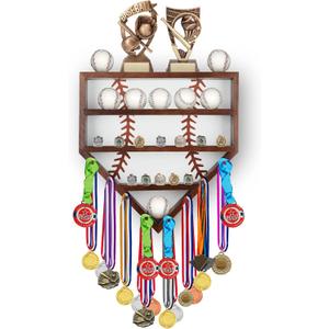 17'' Baseball Display Case with Baseball Ring Holder, Baseball Holder Stand, Wooden Medal Display Case Wall Mounted for Balls, Medals, Trophies, Rings, Brown