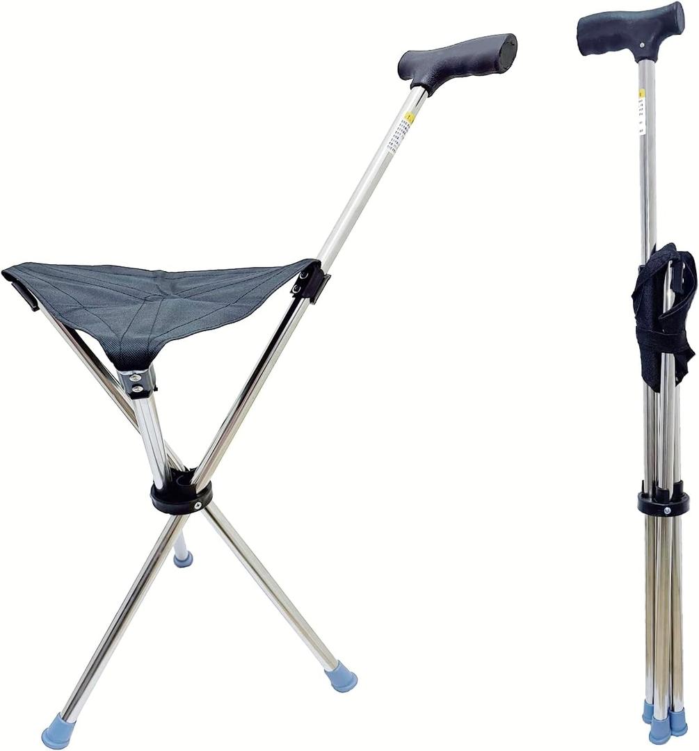 Cane with Seat - Portable Stool Chair, Lightweight Up to 2 Lbs, Suitable for Men, Women, Seniors, People with Disabilities, Black