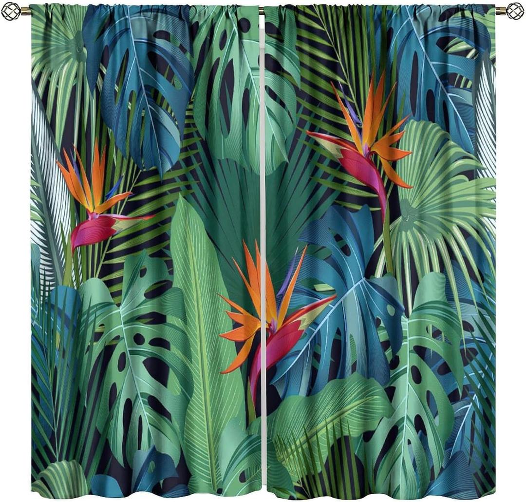 Tropical Leaf Decorative Window Curtains, Palm Leaves Summer Nature Jungle Plant Theme Window Drapes, for Living Room Bedroom 21(W)*45(L) 2 Panels (Decorative)