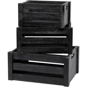 Large Classic Black Wooden Crates For Dispaly, Set Of 3 Wood Crates With Handles, Rustic Handmade Wood Boxes For Storage Or Display, Solid Wood Decrative Boxes (Classic Black)