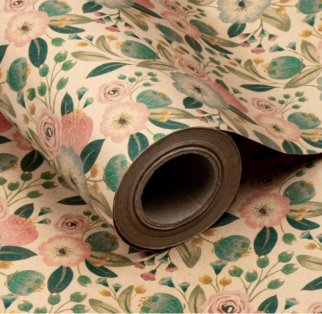 RUSPEPA Kraft Wrapping Paper Roll - Colorful Flowers and Plants Pattern - 30 Inches x 100 Feet