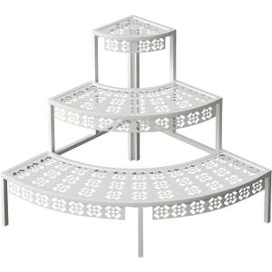 aboxoo 3 Tier Plant Stand Semi-Circular Flower Pot Organizer Rack Quarter Round Plant Display Holder Outdoor Storage Shelves Metal Corner Shelf Planter Shelving Ladder Plant Stand for Indoor (24.6"L x 24.6"W x 24.6"H, White)