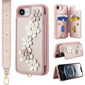 Compatible with iPhone 17e/16e Wallet Case with Card Holder for Women, Kickstand, Wrist Strap Flower Leather Flip Cover Designed for iPhone 17e 2026 / 16e 2025 6.1", Rose Gold