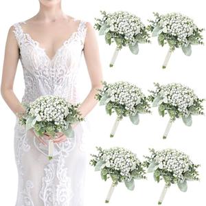 Wedding Artificial Bridesmaids Bouquets Set of 6- Faux Babys Breath White Fake Gypsophila Bouquet for Bridesmaid, Real Touch Small Bouquet for Bridesmaids Wedding Bridal Shower Centerpieces - 7 Inch