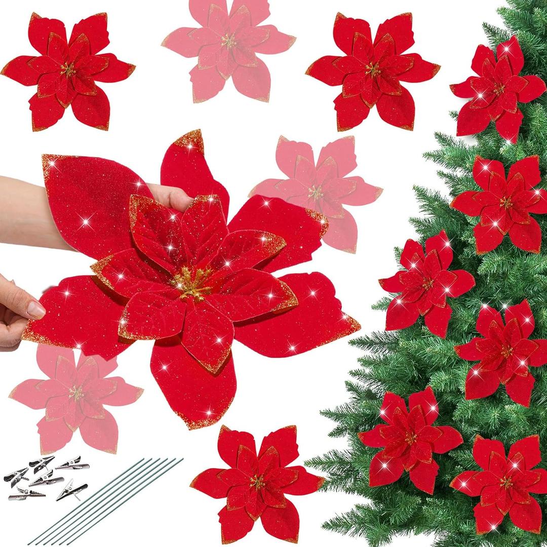 6 Pcs 12''Large Glitter Christmas Poinsettia Flowers Artificial Jumbo Christmas Tree Decorations with Clips Red Ornaments for Christmas Tree Big Red Christmas Decor for Xmas New Year Party