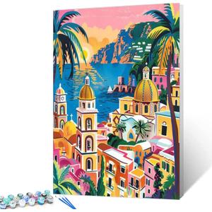 Seaside Island Town Scenery Paint by Number Kits 16 x 20 inch Canvas Greece Islands Sunset Landscape DIY Oil Painting for Students Adults Beginner with Brushes and Acrylic Pigment (without Frame)