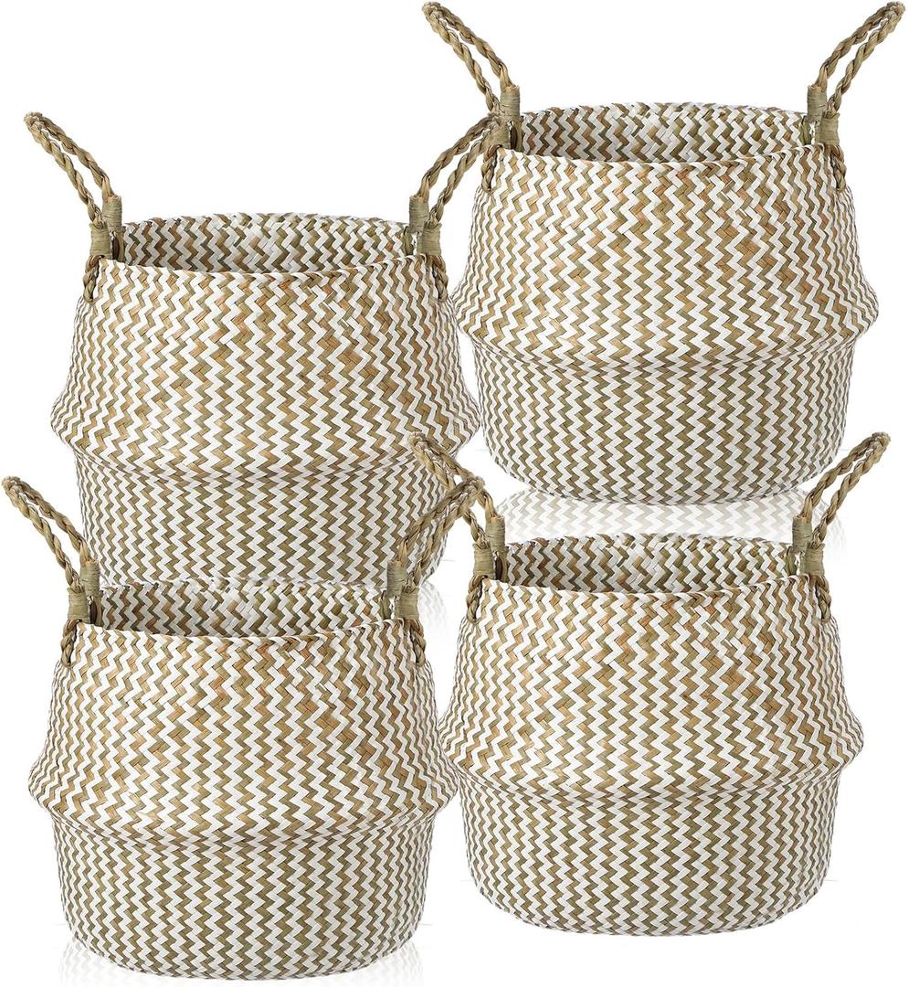 Qunclay 4 Pack Woven Seagrass Baskets Belly Basket Folding Boho Plant Pot with Handles Round Decorative Wicker Large Indoor Planter for Home Outdoor Tree Planters Decor(Natural, White)