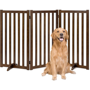 36" Height Extra Tall Freestanding Pet Gate, Solid Wood Folding Safety Fence Wooden Dog Gate with 2 PCs Support Feet Ideal for Stairs, Doorways, Halls, Kitchens, Heavy Duty Gates, 3 Panels, Walnut