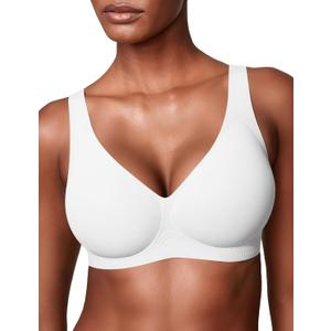 Vertvie Wireless V-Neck Jelly Support Bra Seamless No Underwire Push Up Comfort Everyday Bra for Women(White,36DD)