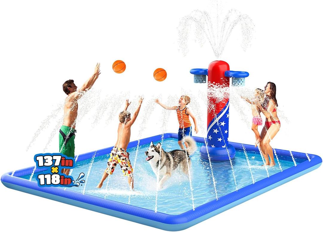 ODOSOLA 137x118'' Large Splash Pad for Kids 3-12 & Dogs, 2-in-1 Sprinkler Pad with Basketball Hoop/Ball Toss, Thickened Non-Slip Water Mat, Foldable Outdoor Summer Toy for Backyard/Pool/Beach
