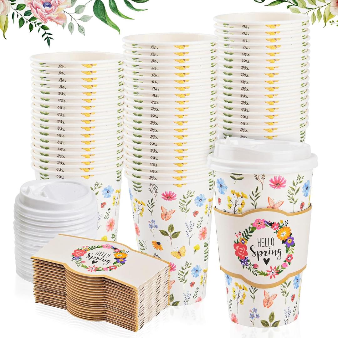 12 Set Spring Floral Disposable Coffee Cups with Lids and Sleeves 16 oz Hello Spring To Go Paper Cups Beverage Drinking Cups for Spring Wedding Easter Party Office Travel Business Supplies