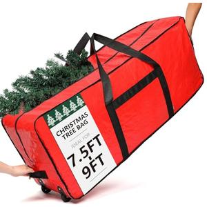 HOMEST Christmas Tree Storage Bag, Fits for 7.5-9 ft Xmas Artificials, Zippered Bag with Reinforced Carrying Handles and Wheels, Red (Bag Only)