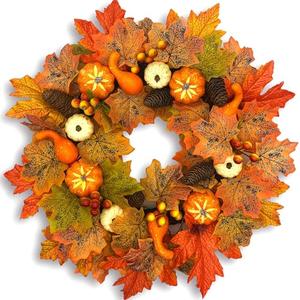 Fall Wreaths for Front Door, 18 Inch Fall Wreath with Berry, Maple Leaves and Pine Cone, Falls Door Wreath, Mantel Room, Falls Home Decor