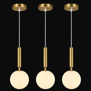 FDPBY Modern Hanging Light Fixture Pendant Lighting for Kitchen Island Mid Century Gold Pendant Lights with Globe Milky White Glass Pendant Light for Bedroom Bathroom Entryway (3 Pack)