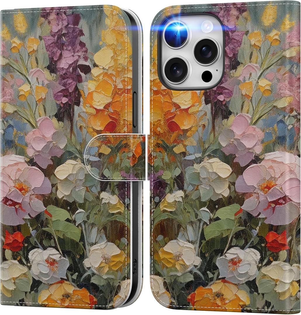 DEENAKIN for iPhone 15 Pro Max Wallet Case with Card Holder + Cash Clip, RFID-Blocking, Military-Grade Protection & UV-Printed Artwork, Magnetic Closure with Leather Stand - Oil Painting Flowers