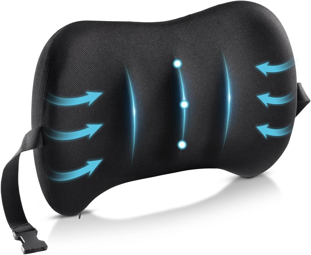 Lumbar Support Pillow for Car Seat and Office Chair, Memory Foam Back Cushion with Breathable Cover and Adjustable Straps for Driving, Ergonomic Orthopedic Back Rest Lower Back Support, Black