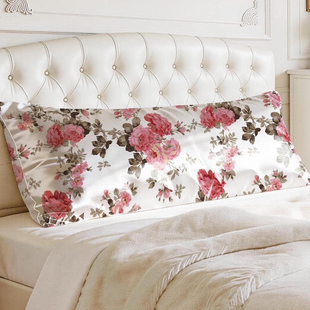 EXQ Home Satin Pillowcase for Hair and Skin - Printed Spring Flowers Silk Body Pillowcase 20x54 inches - Body Pillow Cases with Envelope Closure, Gifts for Women Men