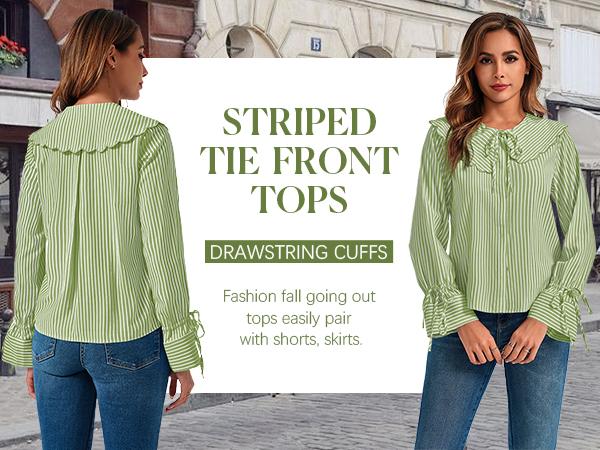 Tankaneo Womens Peter Pan Collar Shirts Long Bell Sleeve Tie Front Tops Vertical Striped Button Down Cute Blouse (Small, Green)