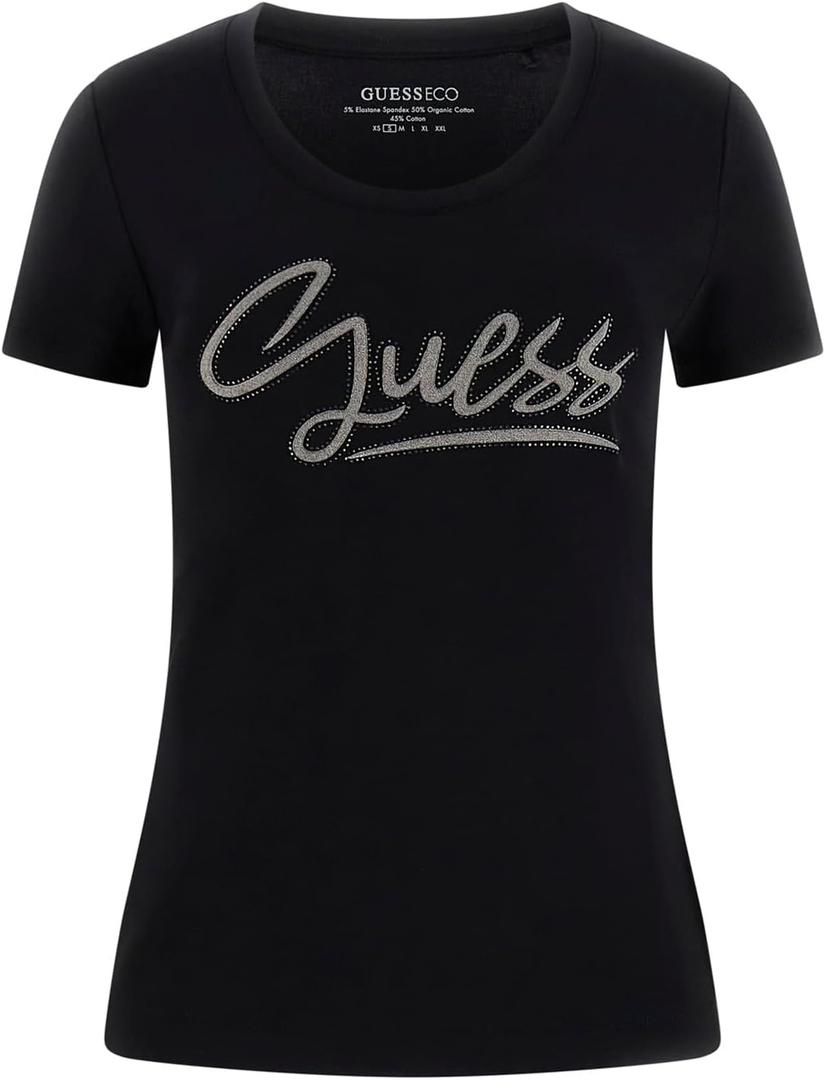 Guess Women's Eco Short Sleeve Guess Script Tee (X-Large, Jet Black)