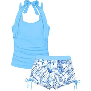 Girls Swimsuit 2 Piece Halterneck Girls Tankini Swimsuit Drawstring Printed Swim Shorts Girl Bathing Suit for 7-16T (13-14 Years, Sky Blue)