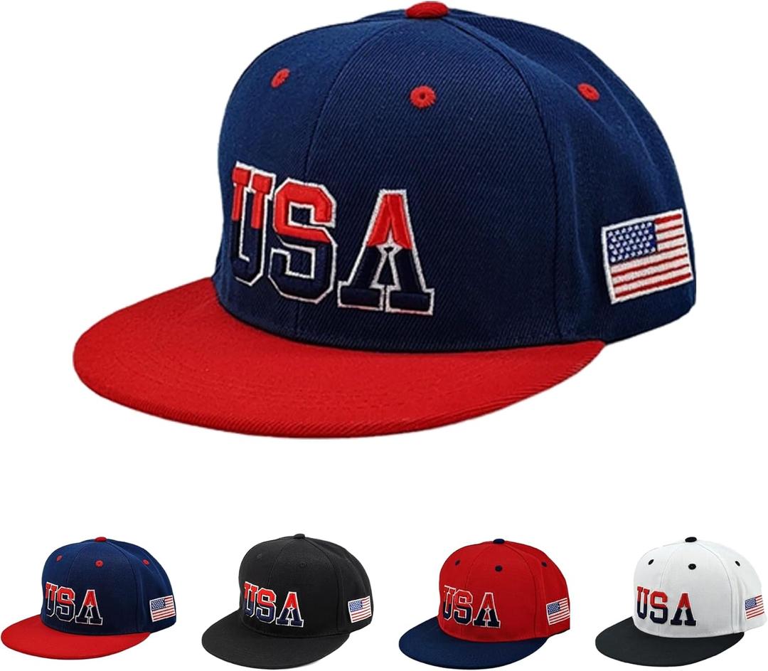 American Flag Baseball Caps Embroiderred USA Flag Patriotic Dad Hat Adjustable Trucker Hats for Men Women (One Size, Navy Blue Flat Brim Usa Cap)