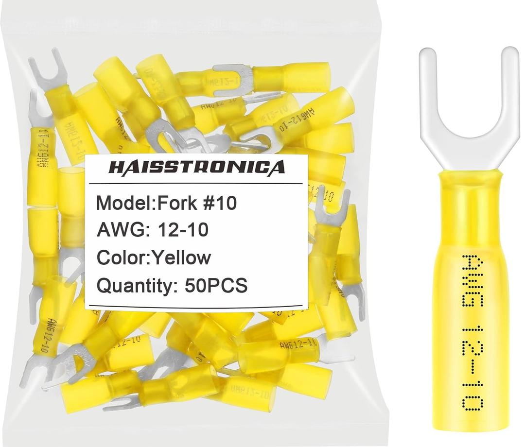 haisstronica 50pcs #10 Yellow Heat Shrink Fork Connectors, 12-10 Gauge Insulated Electrical Crimp Wire Terminals