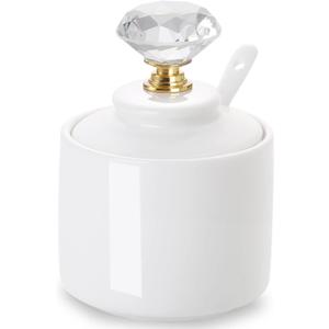 ONTUBE Porcelain Sugar Bowl with Crystal Lid and Spoon,8oz White (Crystal gold)