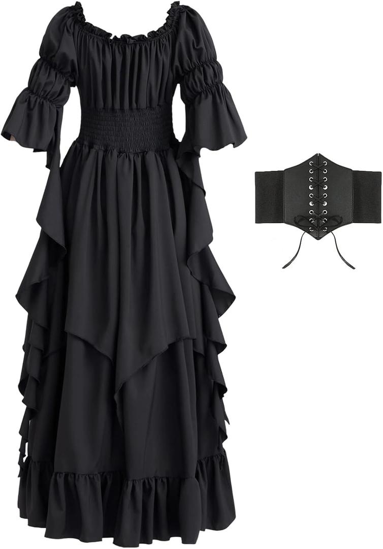 Renaissance Dress Women Gothic Witch Dress Medieval Ruffle Victorian High Low Dress Costume Set with Corset Belt (Large-X-Large, Black)