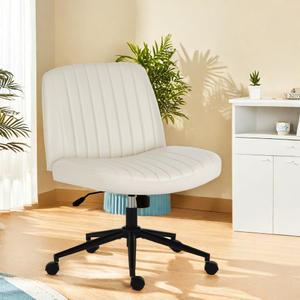 Criss Cross Chair Armless Computer Task Chair, Wide Comfty Swivel Fabric Height Adjustable Vanity Chair w/Replaceable Wheels/Fixed Base/Padded, Beige Leather