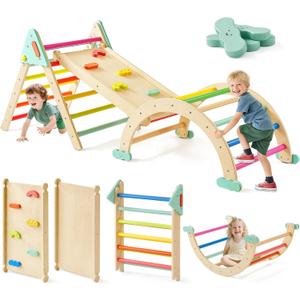 Tiny Land Pikler Triangle Set,7-in-1 Foldable Montessori Toddler Climbing Toys Indoor, Wooden Playground Jungle Gym for Kids, Climber Gift for Boys & Girls Toddler Climbing Toys (Rainbow), Small