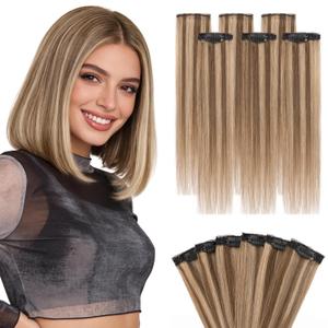 S-noilite Clip in Short Hair Extensions Remy Real Human Hair 6pcs Single Mini Clip on Hairpin Hairpiece for Women for Highlight, 10 inch Highlight Brown & Honey Blonde