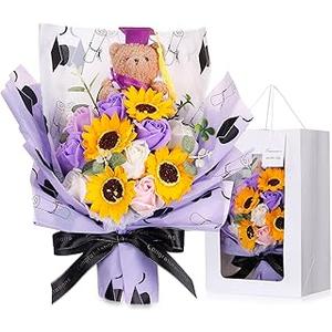 Yinder Class of 2026 Graduation Bear Bouquet 13.8" Scented Soap Rose and Sunflower Bouquet with Mini Plush Grad Bear Graduation Gifts for Daughter Son Party Favors (Purple)