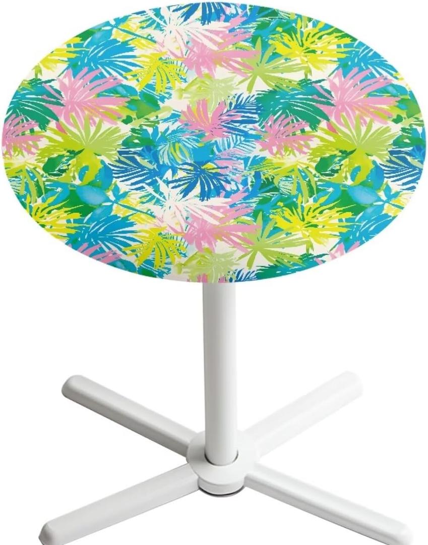 Spandex Round Table Cloth Fitted Cocktail Table Topper Cap Covers Stain-Resistant Highboy Tablecloths Protector with Elastic Edged for Party Banquets 24 Inch, Tropical Leaves Summer